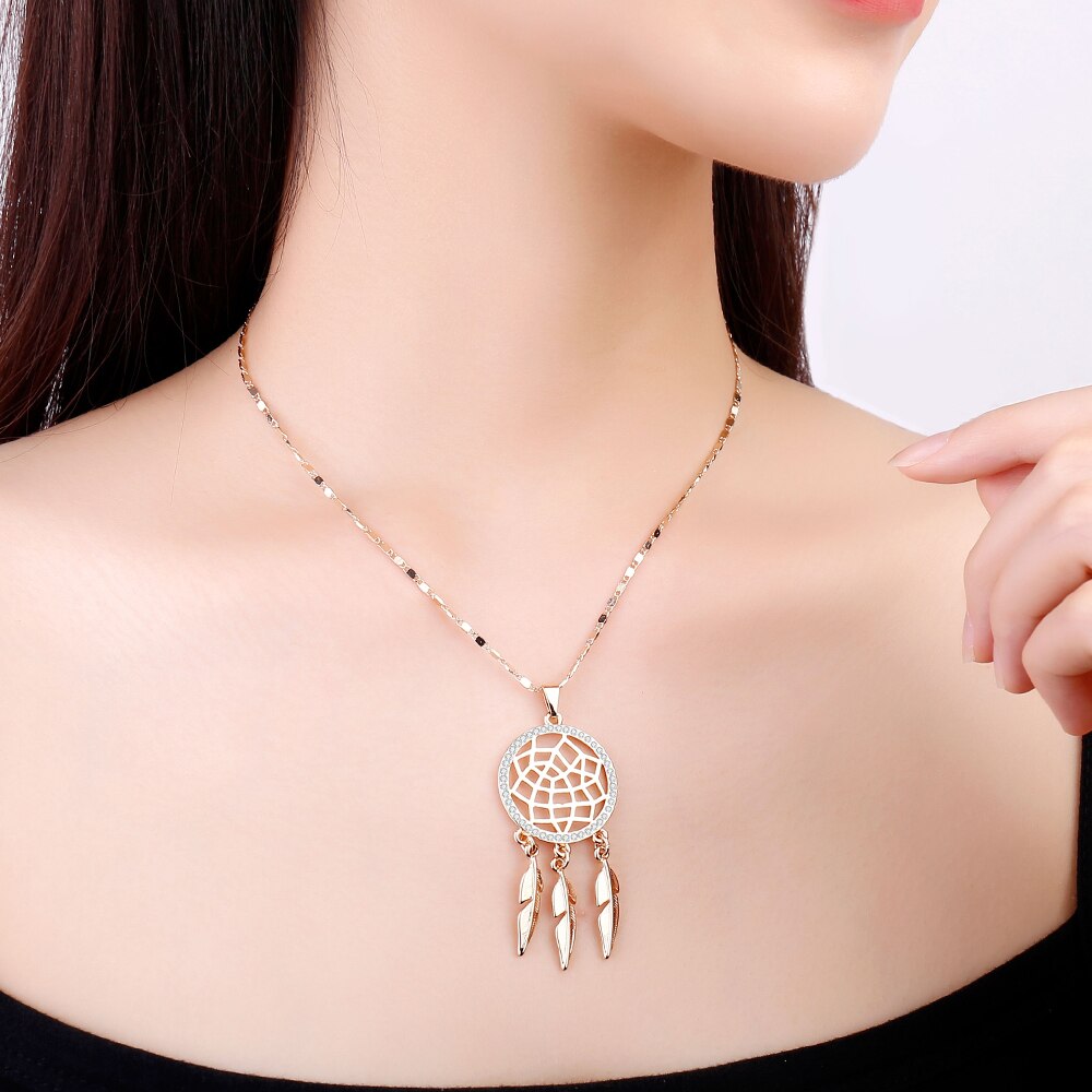 Vintage Small Dream Catcher Pendant Necklace For Woman Gold Silvery Chain Clear Crystal Feather Chokers Female Jewelry