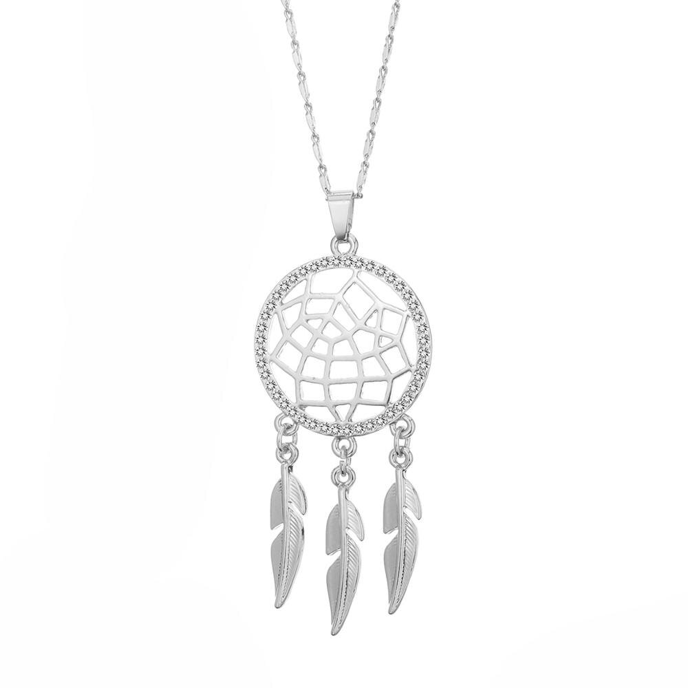 Vintage Small Dream Catcher Pendant Necklace For Woman Gold Silvery Chain Clear Crystal Feather Chokers Female Jewelry