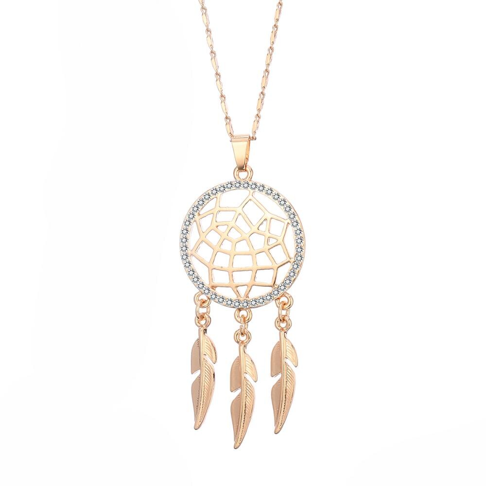 Vintage Small Dream Catcher Pendant Necklace For Woman Gold Silvery Chain Clear Crystal Feather Chokers Female Jewelry