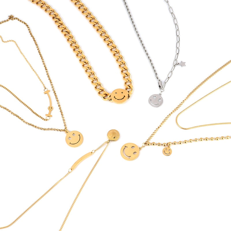 Vintage Smiling Face Necklace Chain Choker Stainless Steel Necklace For Women Men Geometric Double Necklaces For Women Jewelry