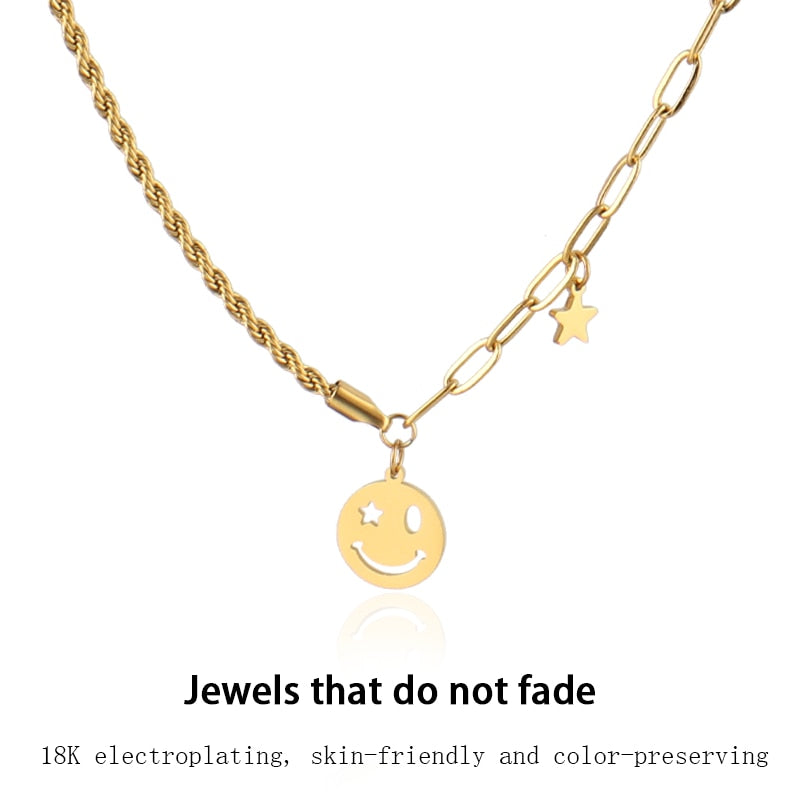 Vintage Smiling Face Necklace Chain Choker Stainless Steel Necklace For Women Men Geometric Double Necklaces For Women Jewelry