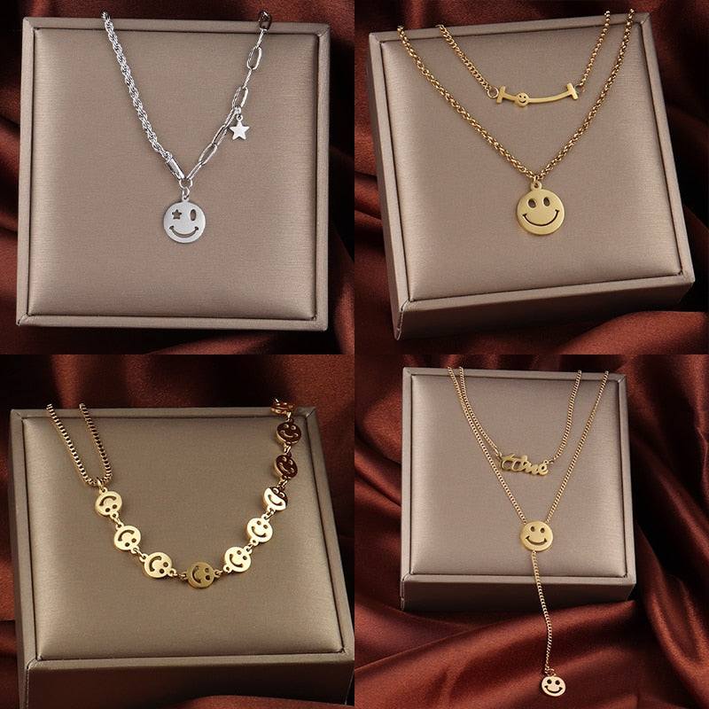 Vintage Smiling Face Necklace Chain Choker Stainless Steel Necklace For Women Men Geometric Double Necklaces For Women Jewelry