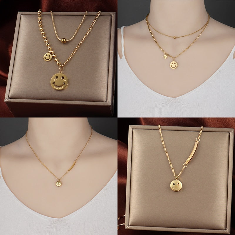 Vintage Smiling Face Necklace Chain Choker Stainless Steel Necklace For Women Men Geometric Double Necklaces For Women Jewelry
