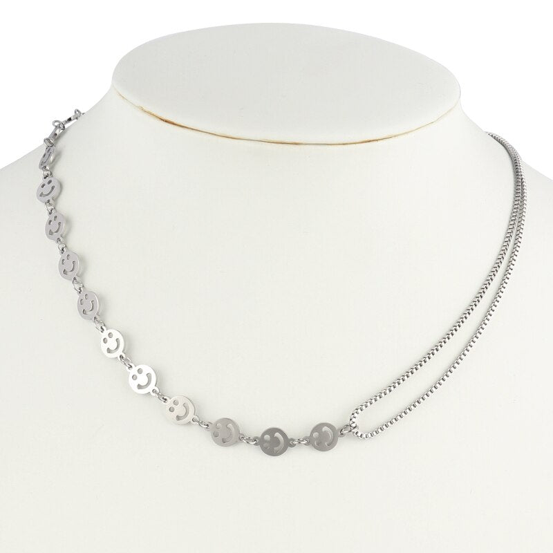 Vintage Smiling Face Necklace Chain Choker Stainless Steel Necklace For Women Men Geometric Double Necklaces For Women Jewelry