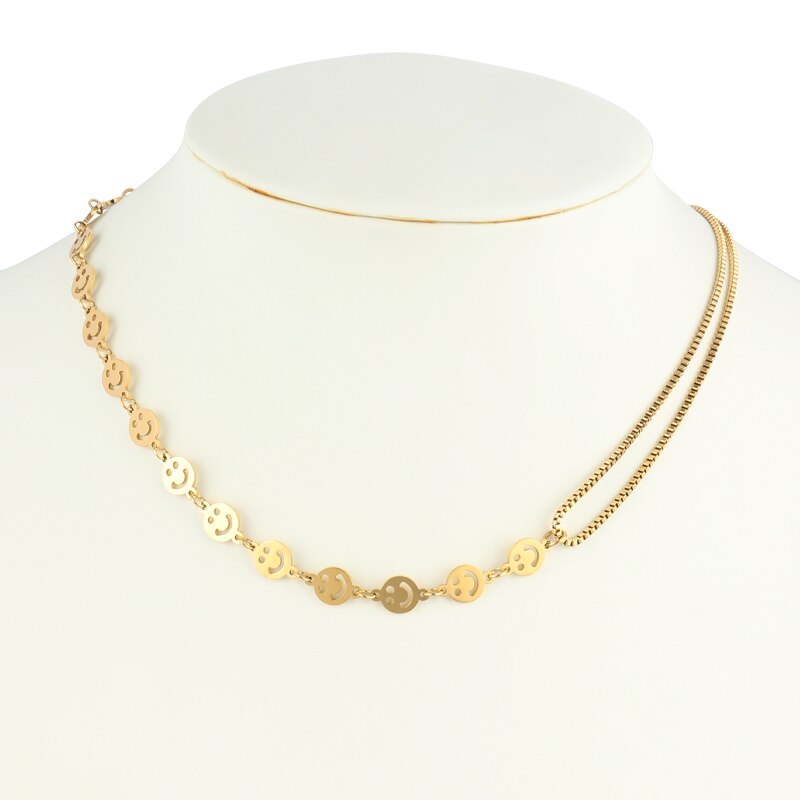 Vintage Smiling Face Necklace Chain Choker Stainless Steel Necklace For Women Men Geometric Double Necklaces For Women Jewelry