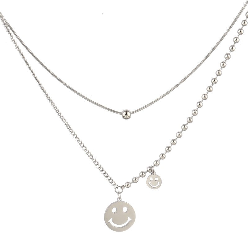 Vintage Smiling Face Necklace Chain Choker Stainless Steel Necklace For Women Men Geometric Double Necklaces For Women Jewelry