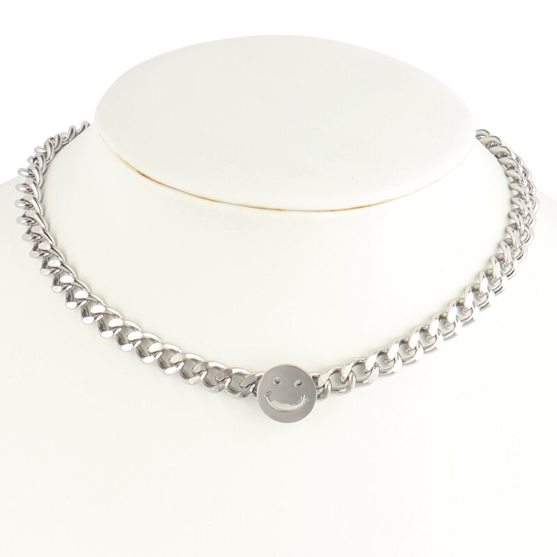Vintage Smiling Face Necklace Chain Choker Stainless Steel Necklace For Women Men Geometric Double Necklaces For Women Jewelry