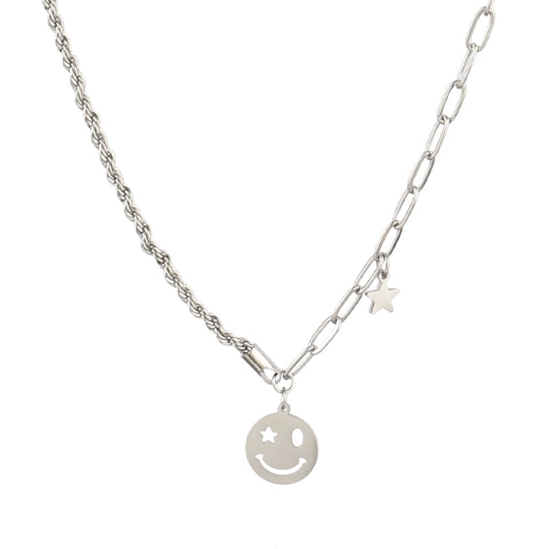 Vintage Smiling Face Necklace Chain Choker Stainless Steel Necklace For Women Men Geometric Double Necklaces For Women Jewelry