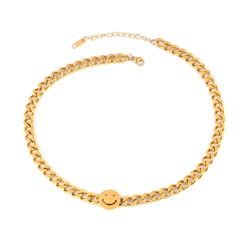 Vintage Smiling Face Necklace Chain Choker Stainless Steel Necklace For Women Men Geometric Double Necklaces For Women Jewelry
