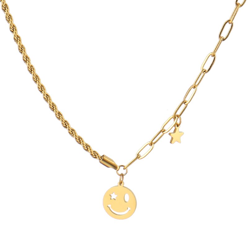 Vintage Smiling Face Necklace Chain Choker Stainless Steel Necklace For Women Men Geometric Double Necklaces For Women Jewelry