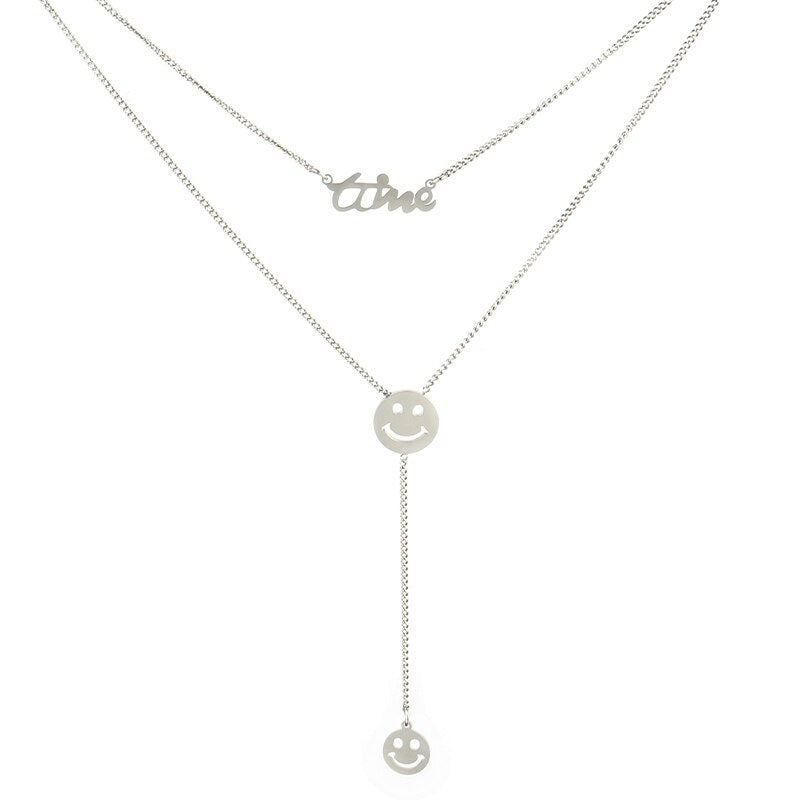 Vintage Smiling Face Necklace Chain Choker Stainless Steel Necklace For Women Men Geometric Double Necklaces For Women Jewelry