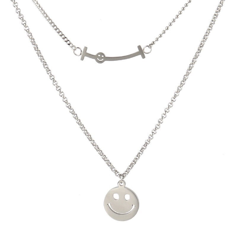 Vintage Smiling Face Necklace Chain Choker Stainless Steel Necklace For Women Men Geometric Double Necklaces For Women Jewelry