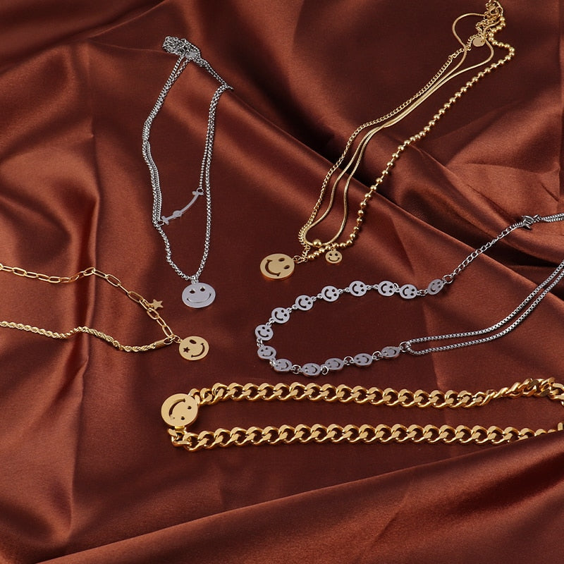 Vintage Smiling Face Necklace Chain Choker Stainless Steel Necklace For Women Men Geometric Double Necklaces For Women Jewelry
