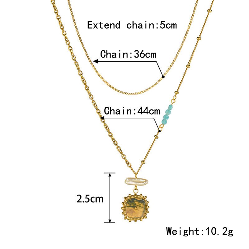 Vintage Square Pattern Pendant Women's Clavicle Chain For Women Malachite French Temperament Gold Stainless Steel Necklace