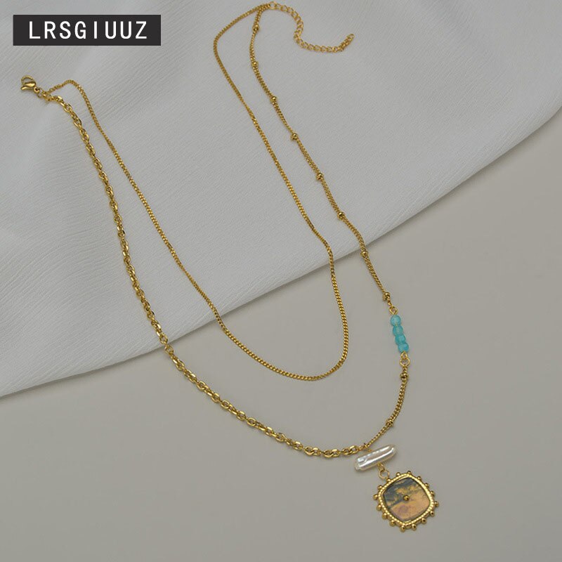 Vintage Square Pattern Pendant Women's Clavicle Chain For Women Malachite French Temperament Gold Stainless Steel Necklace