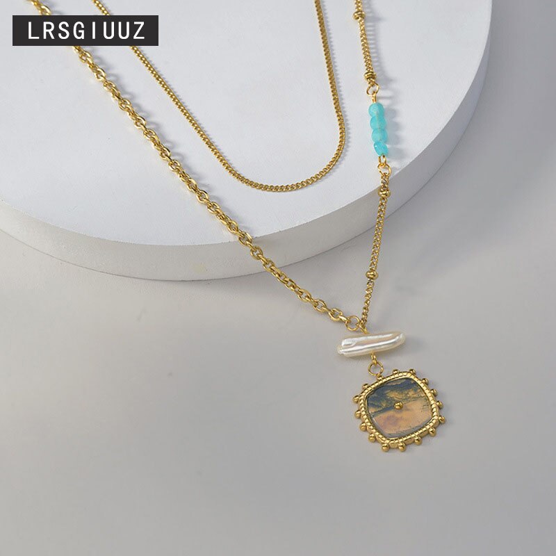 Vintage Square Pattern Pendant Women's Clavicle Chain For Women Malachite French Temperament Gold Stainless Steel Necklace
