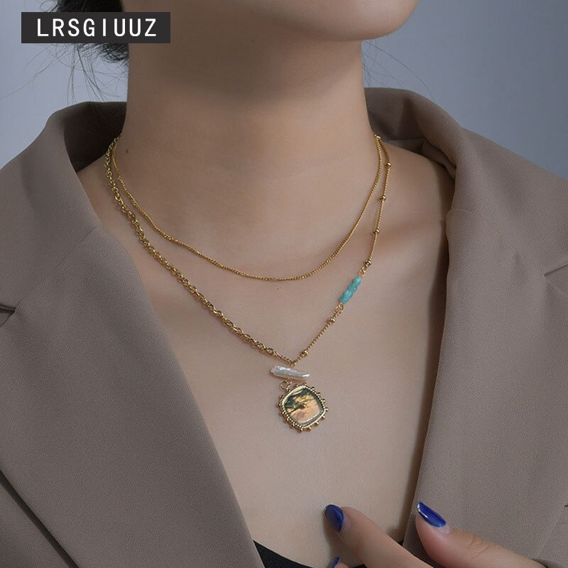 Vintage Square Pattern Pendant Women's Clavicle Chain For Women Malachite French Temperament Gold Stainless Steel Necklace