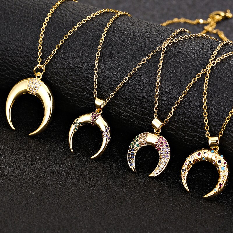 Vintage Stainless Steel Chain Copper Plated Gold Colored Zircon Horn Crescent Pendant Necklace For Women Charm Jewelry Gift