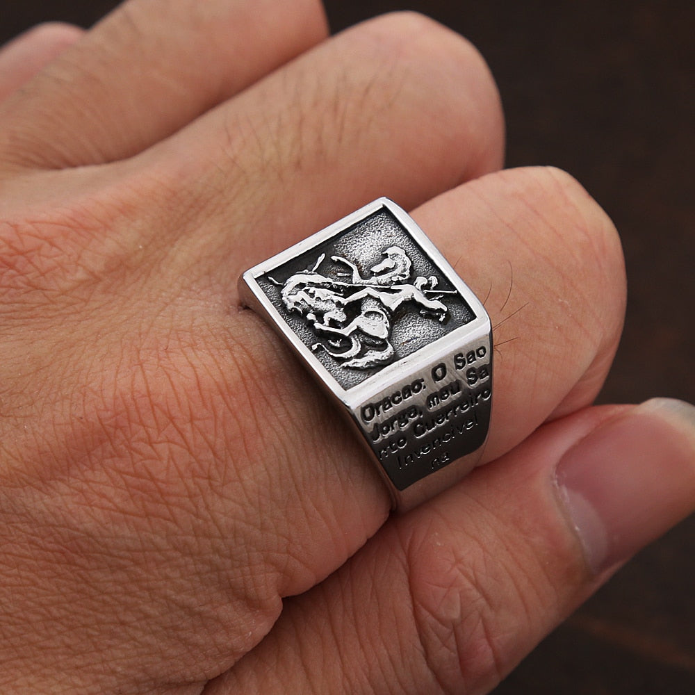 Vintage Stainless Steel Saint Michael Protective Ring Mens Punk Roman Paladin Badge Biker Ring Jewelry