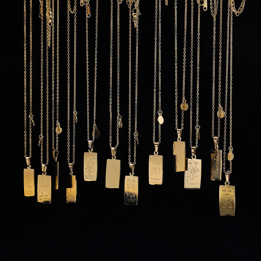 Vintage Stainless Steel Square Pendant Horoscope 12 Constellations Necklace Female Male Zodiac Sign Gold Collar Necklace