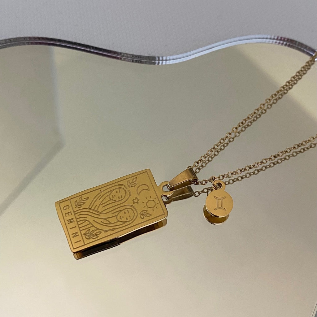 Vintage Stainless Steel Square Pendant Horoscope 12 Constellations Necklace Female Male Zodiac Sign Gold Collar Necklace