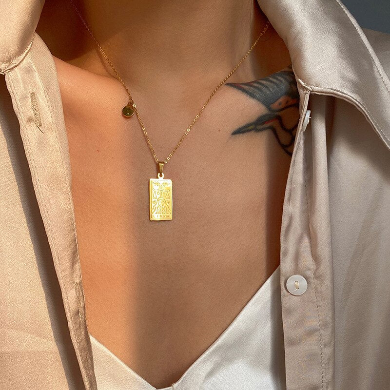 Vintage Stainless Steel Square Pendant Horoscope 12 Constellations Necklace Female Male Zodiac Sign Gold Collar Necklace