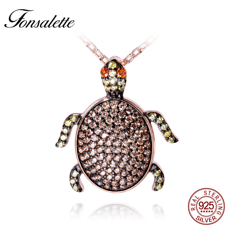 Vintage Sterling Silver Turtle Champagne Gold inl Diamond Necklace Tortise Rose Gold Chain Animal Jewelry Pendants Gift ZK40