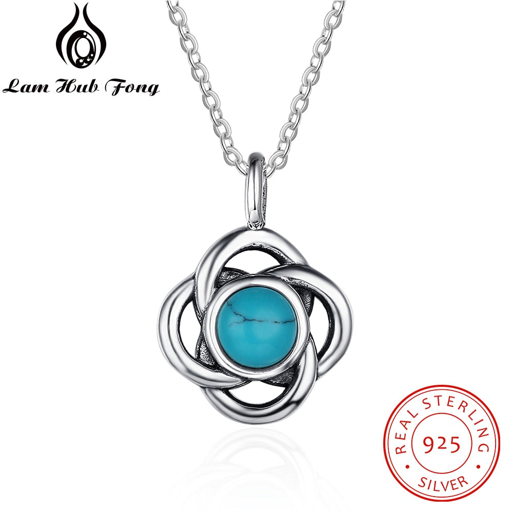 Vintage Style 925 Sterling Silver Flower Pendant Necklace With Turquoise Stone Women Jewelry Accessories ( NE102041)