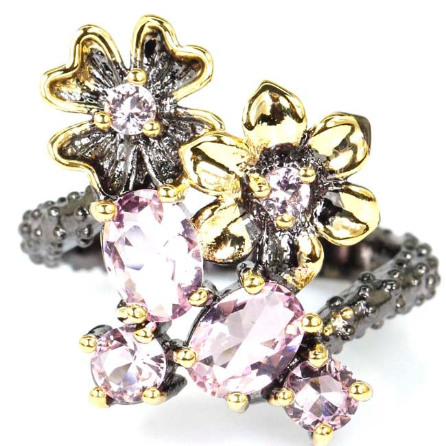 Vintage Style Pink Kunzite Flower Woman's Wedding Black Gold 925 Silver Ring 25x17mm