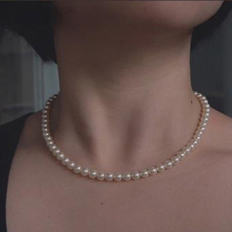 Vintage Style Simple 6MM Pearl Chain Choker Necklace For Women Wedding Love Shell Pendant Necklace  Jewelry