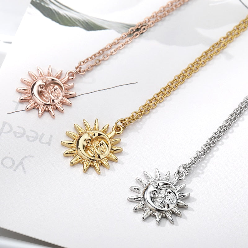 Vintage Sun and Moon Stainless Steel Necklace Boho Charm Celestial Dainty Necklaces For Women Collier Femme BFF Jewelry Gift