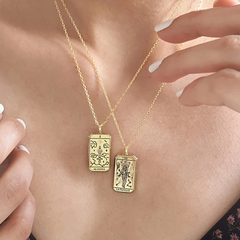 Vintage Tarot Card Pendant Necklace The Great Pagan Arcana Astrology Talisman Stainless Steel Jewelry  Gift For Friend