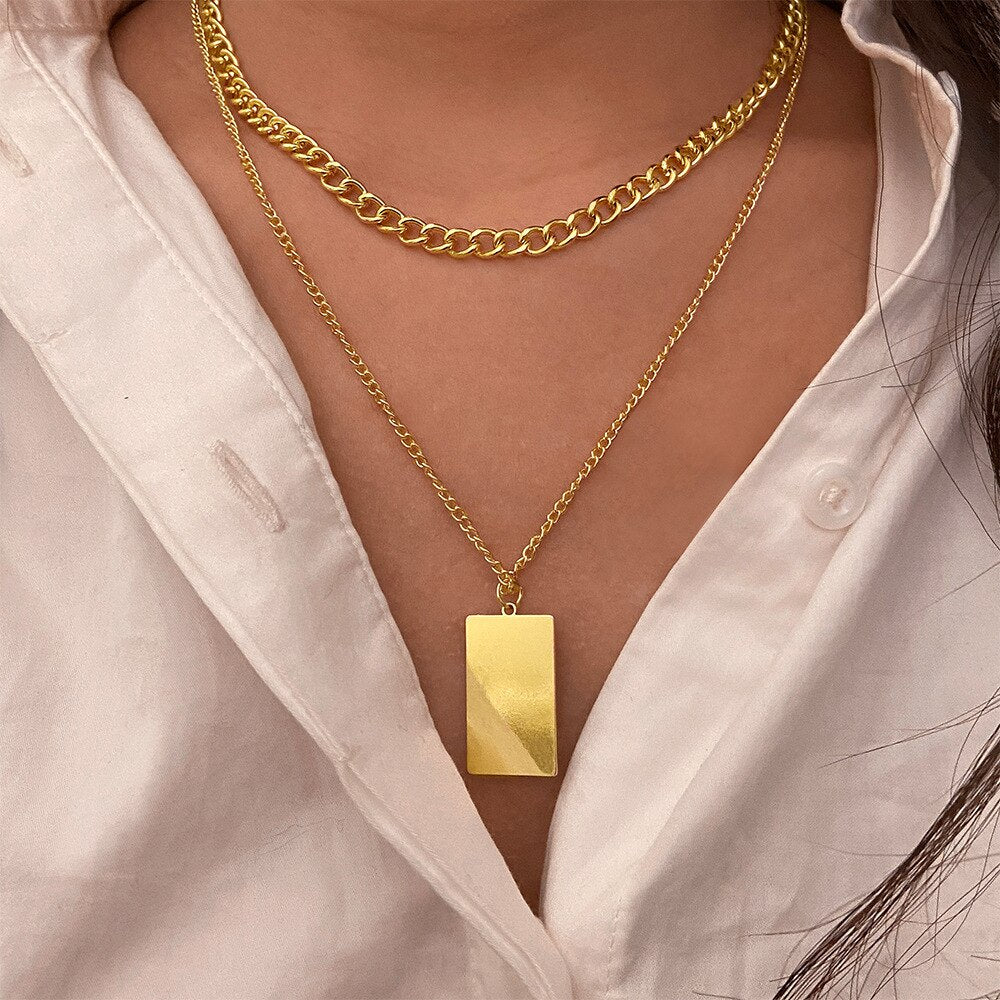 Vintage Thick Chain Smooth Square Pendant Necklace Bohemian Punk Metal Coin Collar Choker Necklace Women Punk Jewelry