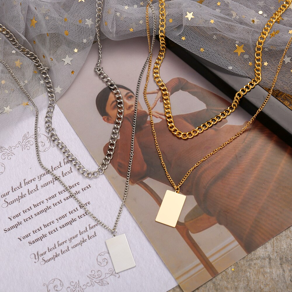 Vintage Thick Chain Smooth Square Pendant Necklace Bohemian Punk Metal Coin Collar Choker Necklace Women Punk Jewelry