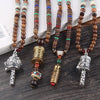 Vintage Tibet Prayer Wheel Pendant Necklace Metal Carved Buddhist Om Mani Pedme Gaou Wheel Amulet Necklace Wood Beads Necklace