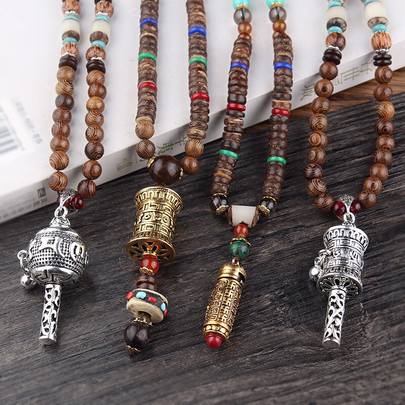 Vintage Tibet Prayer Wheel Pendant Necklace Metal Carved Buddhist Om Mani Pedme Gaou Wheel Amulet Necklace Wood Beads Necklace