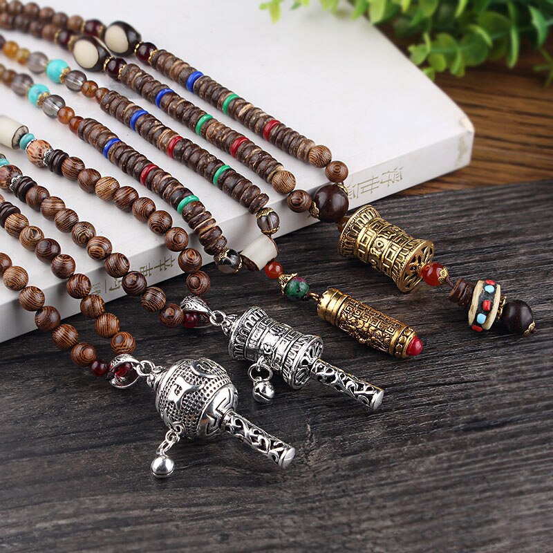 Vintage Tibet Prayer Wheel Pendant Necklace Metal Carved Buddhist Om Mani Pedme Gaou Wheel Amulet Necklace Wood Beads Necklace