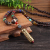 Vintage Tibet Prayer Wheel Pendant Necklace Metal Carved Buddhist Om Mani Pedme Gaou Wheel Amulet Necklace Wood Beads Necklace