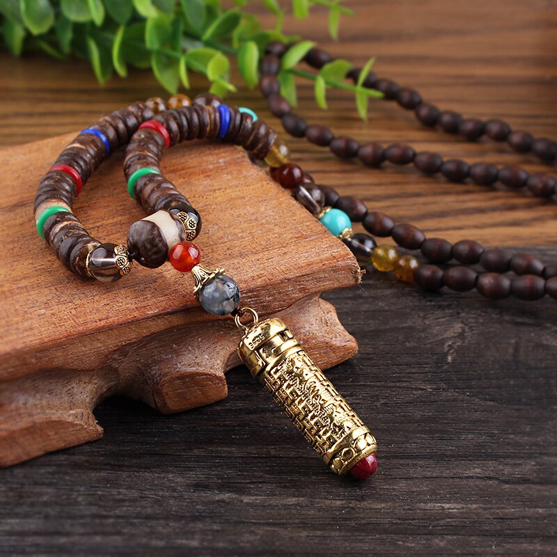 Vintage Tibet Prayer Wheel Pendant Necklace Metal Carved Buddhist Om Mani Pedme Gaou Wheel Amulet Necklace Wood Beads Necklace