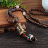 Vintage Tibet Prayer Wheel Pendant Necklace Metal Carved Buddhist Om Mani Pedme Gaou Wheel Amulet Necklace Wood Beads Necklace