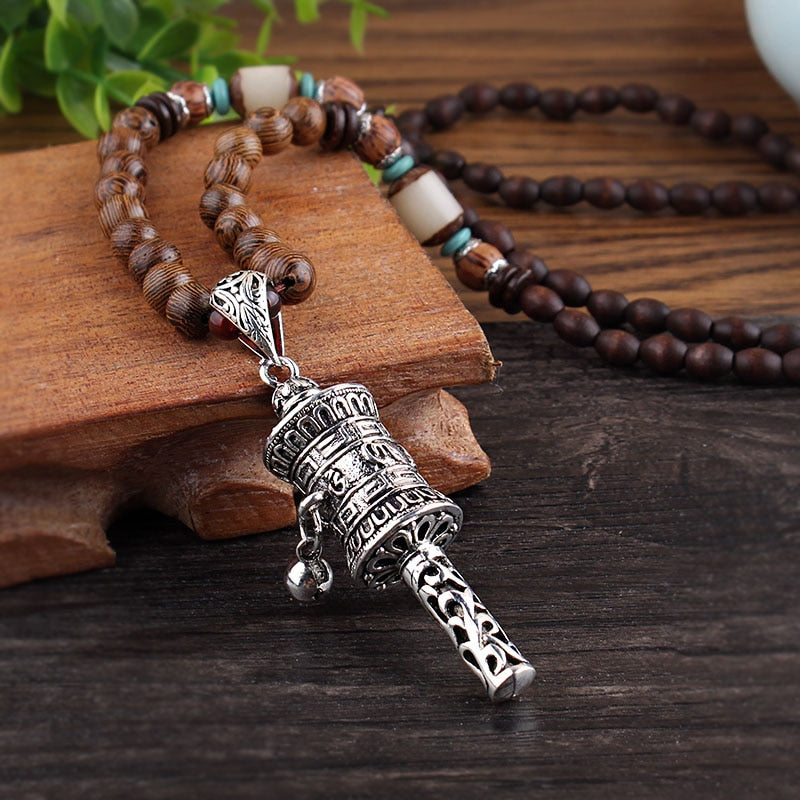 Vintage Tibet Prayer Wheel Pendant Necklace Metal Carved Buddhist Om Mani Pedme Gaou Wheel Amulet Necklace Wood Beads Necklace