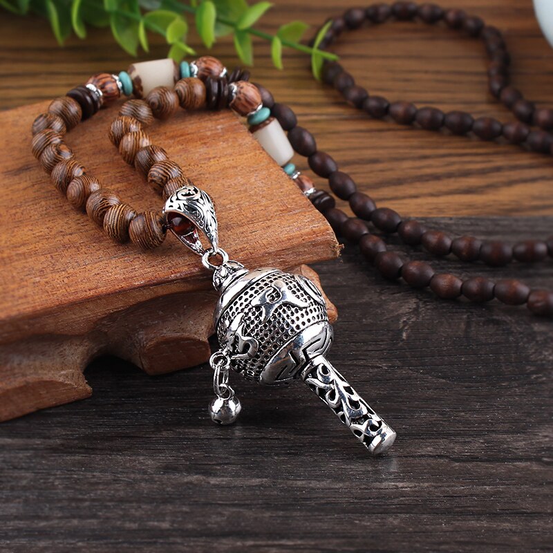 Vintage Tibet Prayer Wheel Pendant Necklace Metal Carved Buddhist Om Mani Pedme Gaou Wheel Amulet Necklace Wood Beads Necklace
