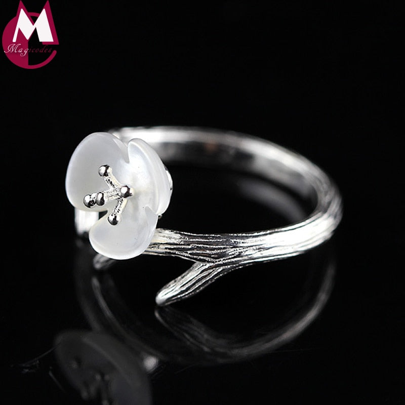 Vintage Tree Branch Crystal Shell Flower Ring Female Gemstone Jewelry Gifts 100% 925 Sterling Silver Ring For Women Wedding SR67