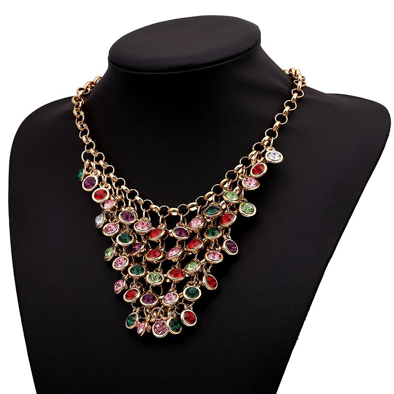 Vintage Triangle Metal Mesh Multi-Color Crystal Mix and Match Woman Necklace Boho Ethnic Big Bib Jewelry Accessory