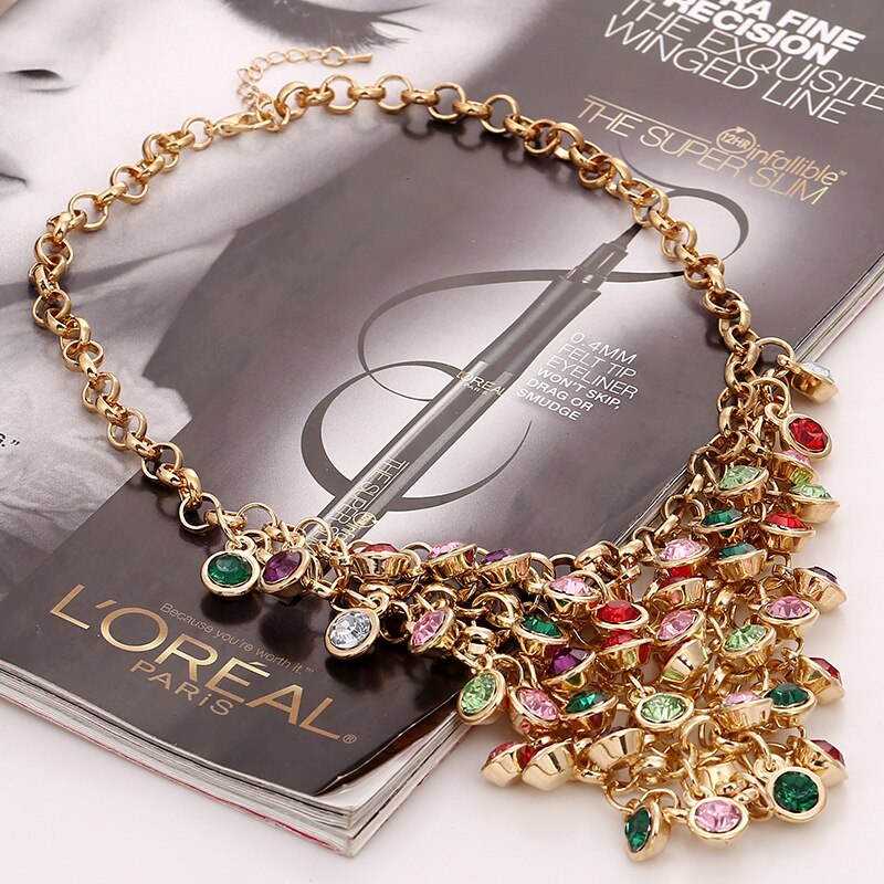 Vintage Triangle Metal Mesh Multi-Color Crystal Mix and Match Woman Necklace Boho Ethnic Big Bib Jewelry Accessory