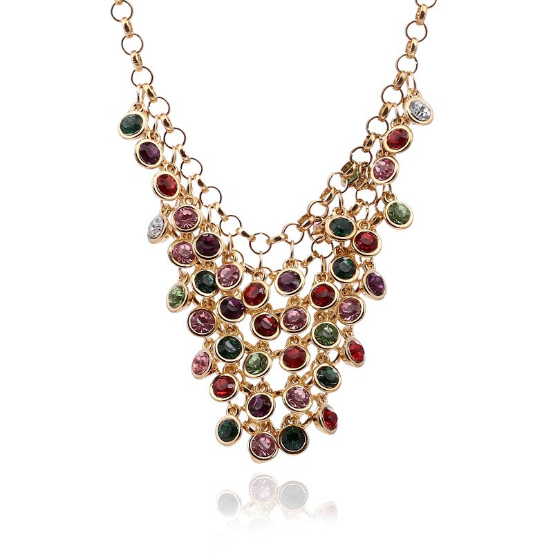 Vintage Triangle Metal Mesh Multi-Color Crystal Mix and Match Woman Necklace Boho Ethnic Big Bib Jewelry Accessory