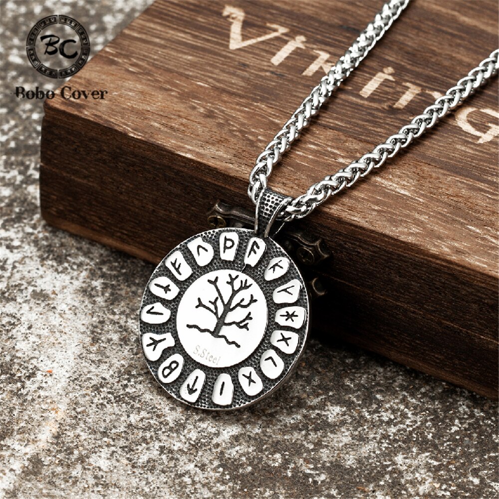 Vintage Viking Tree Of Life Necklace Men Norse Runes Amulet Round Pendant Stainless Steel Scandinavian Jewelry Gift