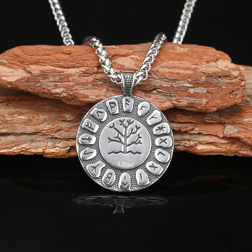 Vintage Viking Tree Of Life Necklace Men Norse Runes Amulet Round Pendant Stainless Steel Scandinavian Jewelry Gift