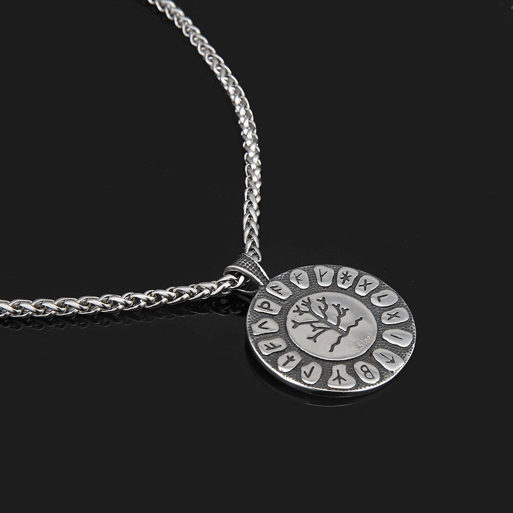 Vintage Viking Tree Of Life Necklace Men Norse Runes Amulet Round Pendant Stainless Steel Scandinavian Jewelry Gift