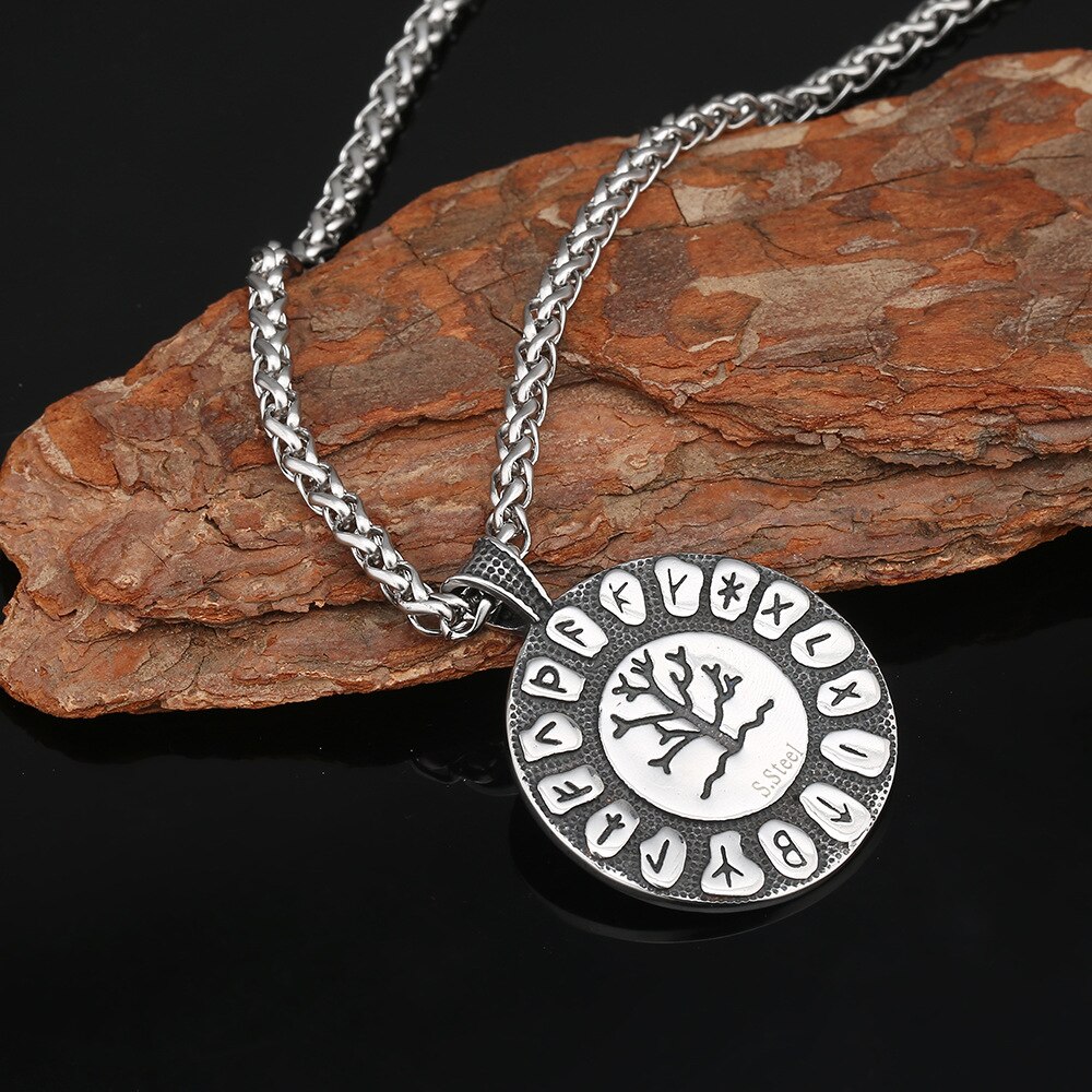 Vintage Viking Tree Of Life Necklace Men Norse Runes Amulet Round Pendant Stainless Steel Scandinavian Jewelry Gift
